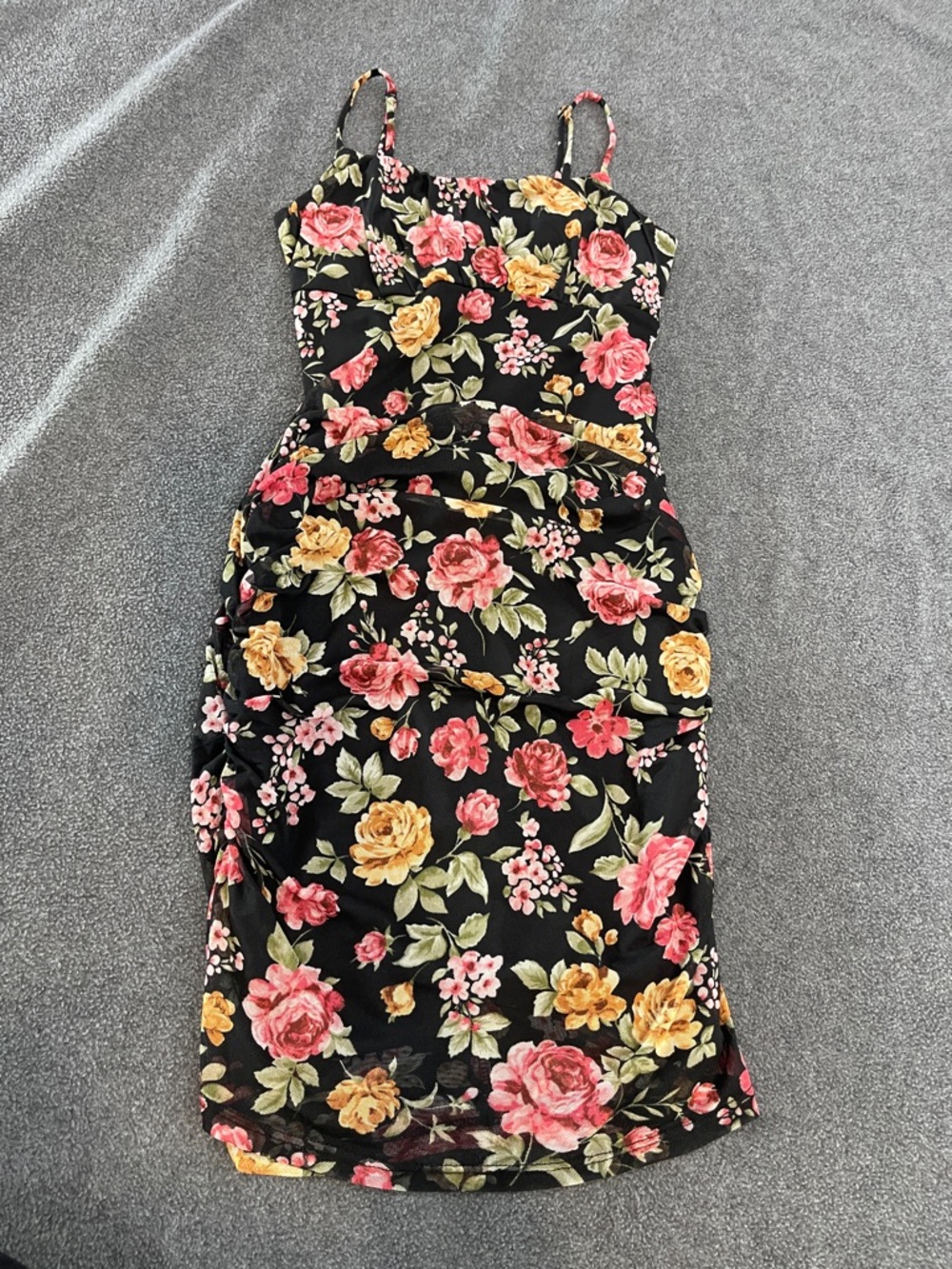 Ambiance Black Floral Midi Slip Dress with Pink & Yellow Roses